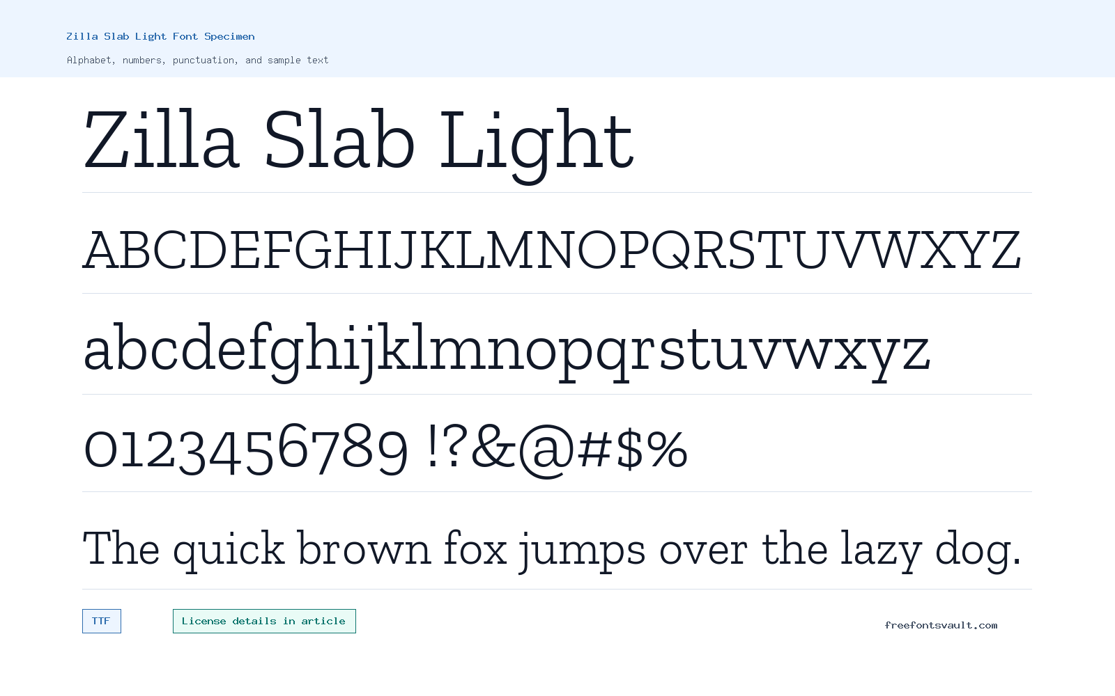 Zilla Slab Light font specimen showing alphabet, numbers, and sample text