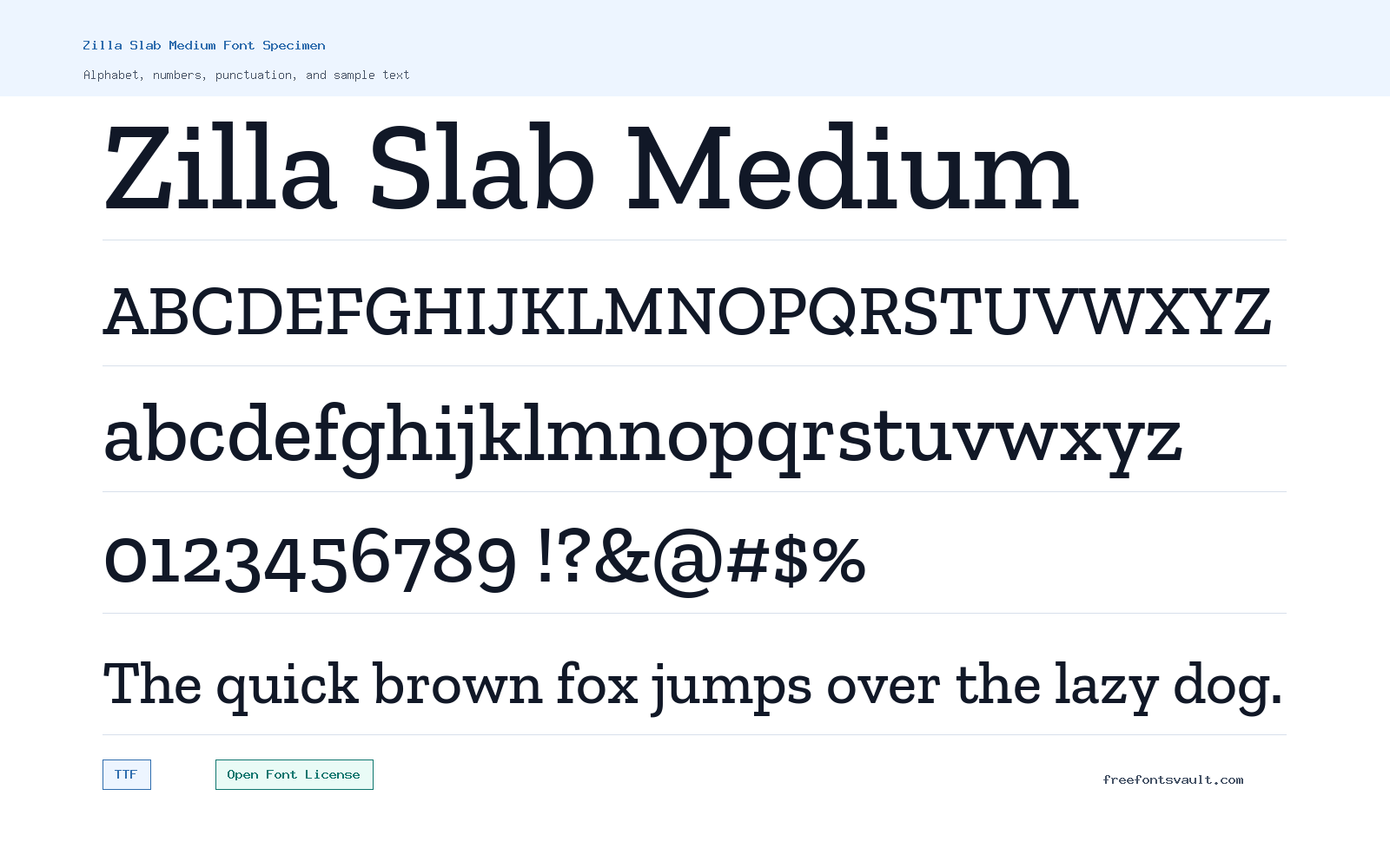 Zilla Slab Medium font specimen showing alphabet, numbers, and sample text