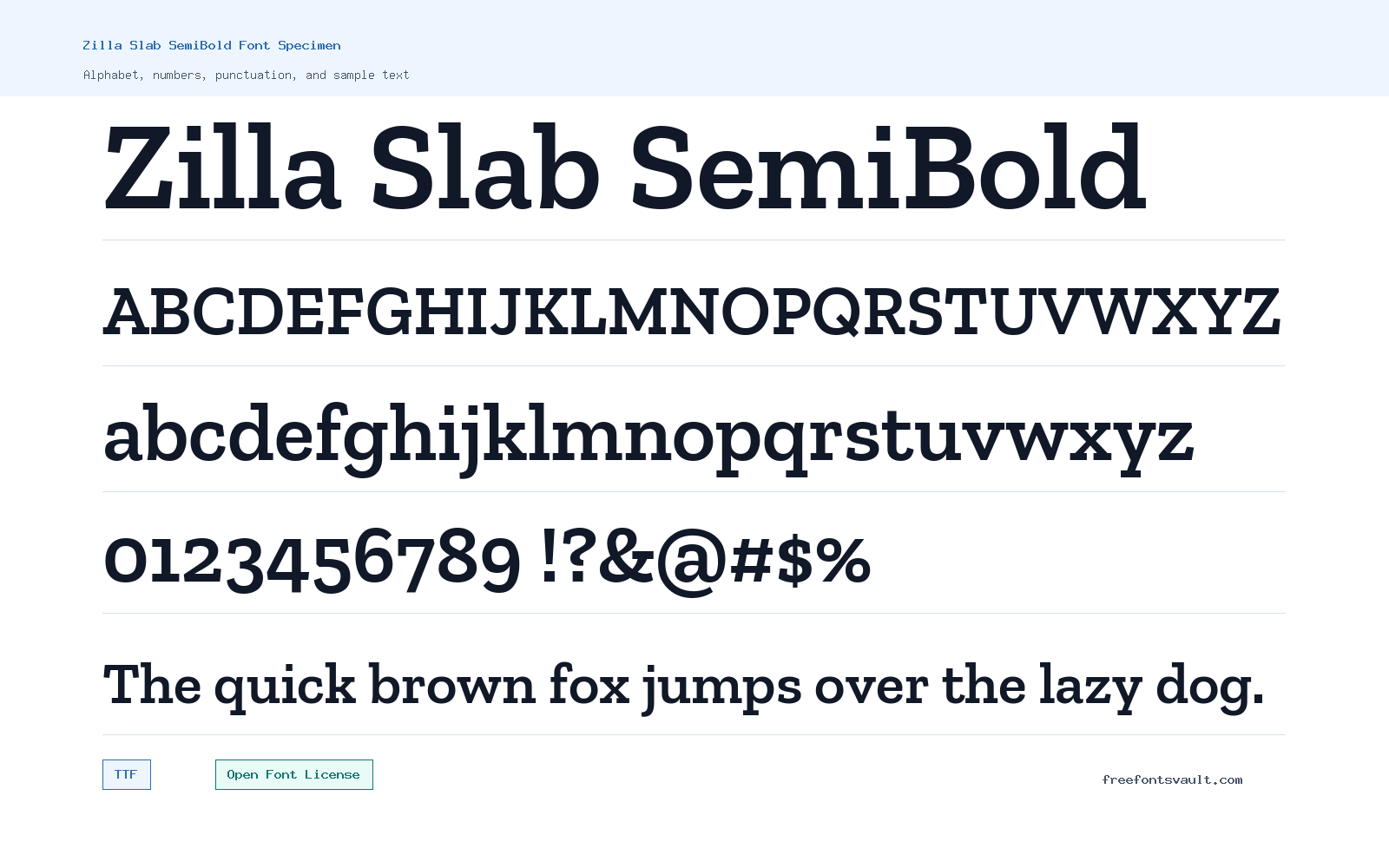 Zilla Slab SemiBold font specimen showing alphabet, numbers, and sample text