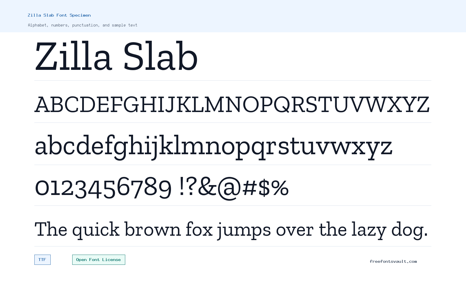 Zilla Slab font specimen showing alphabet, numbers, and sample text
