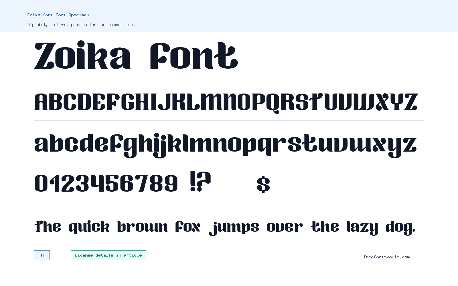 Zoika font font specimen showing alphabet, numbers, and sample text