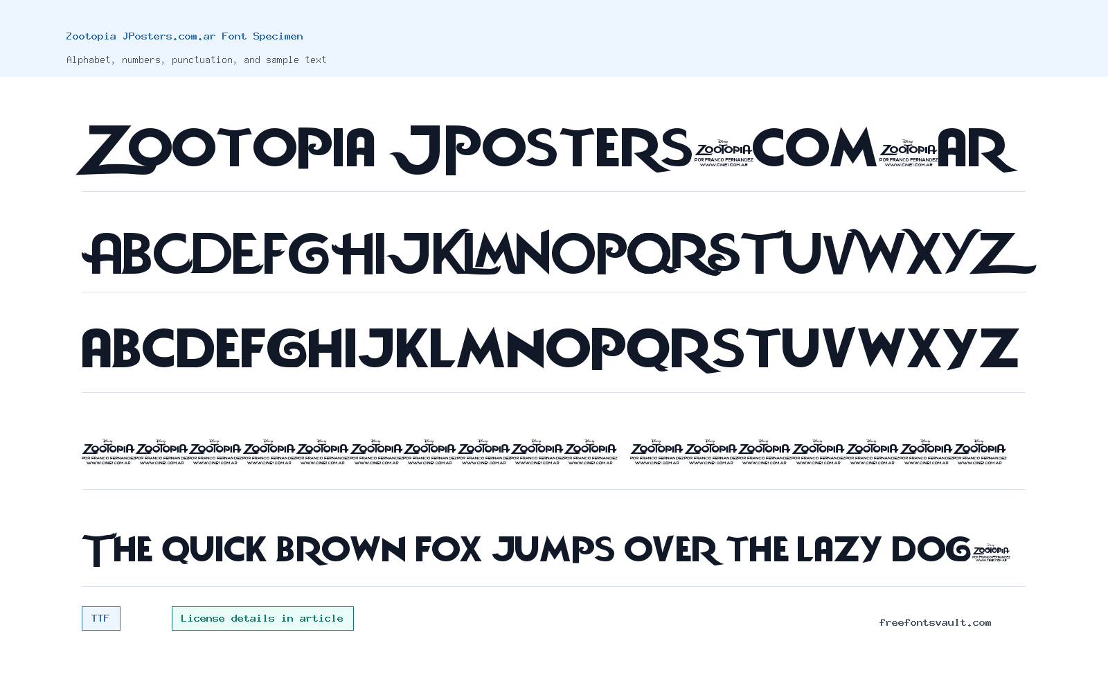Zootopia JPosters.com.ar font specimen showing alphabet, numbers, and sample text
