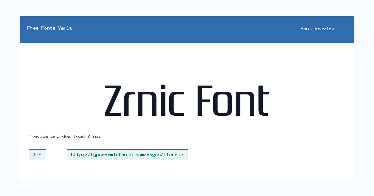 Zrnic font preview showing the family name