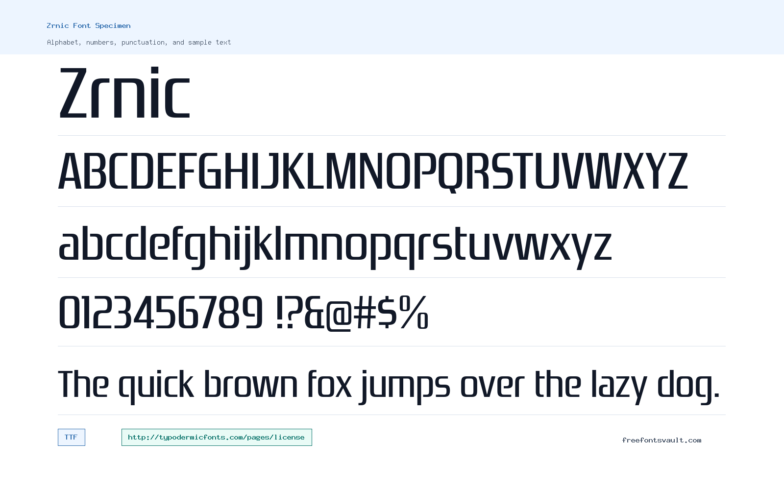 Zrnic font specimen showing alphabet, numbers, and sample text